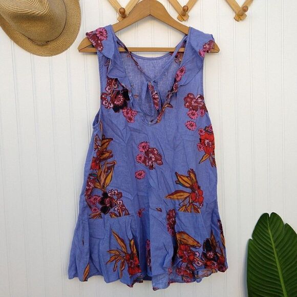 Free People Summer in Tulum Tunic Top Size S Blue Floral Linen Blend Flutter - Picture 6 of 9